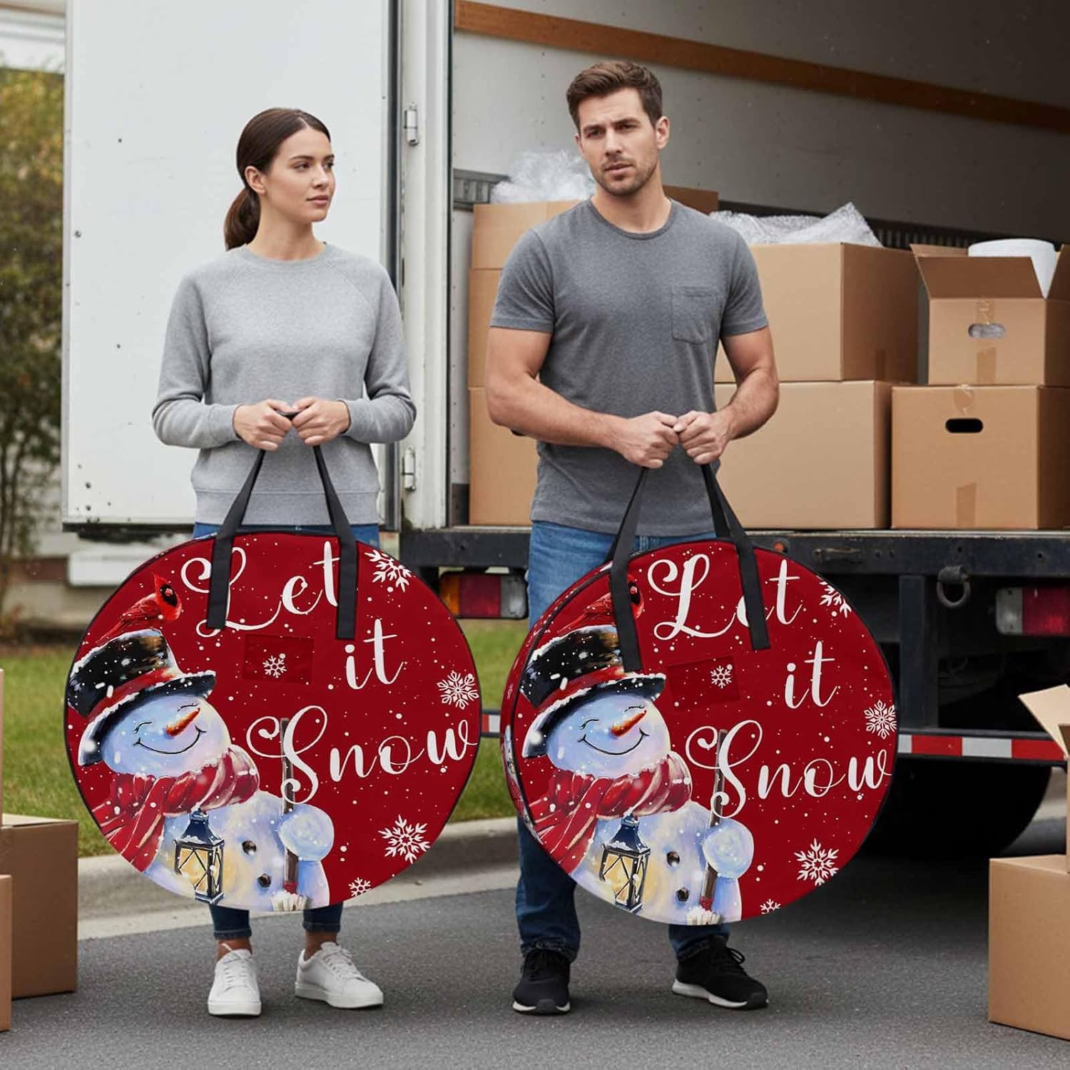 Red Winter Round Storage Bag 36 Inch, Christmas Cardinal Bird Snowman Clothes Storage Container with Handles Heavy Duty Organizer for Comforter, Bedding & Holiday Wreaths