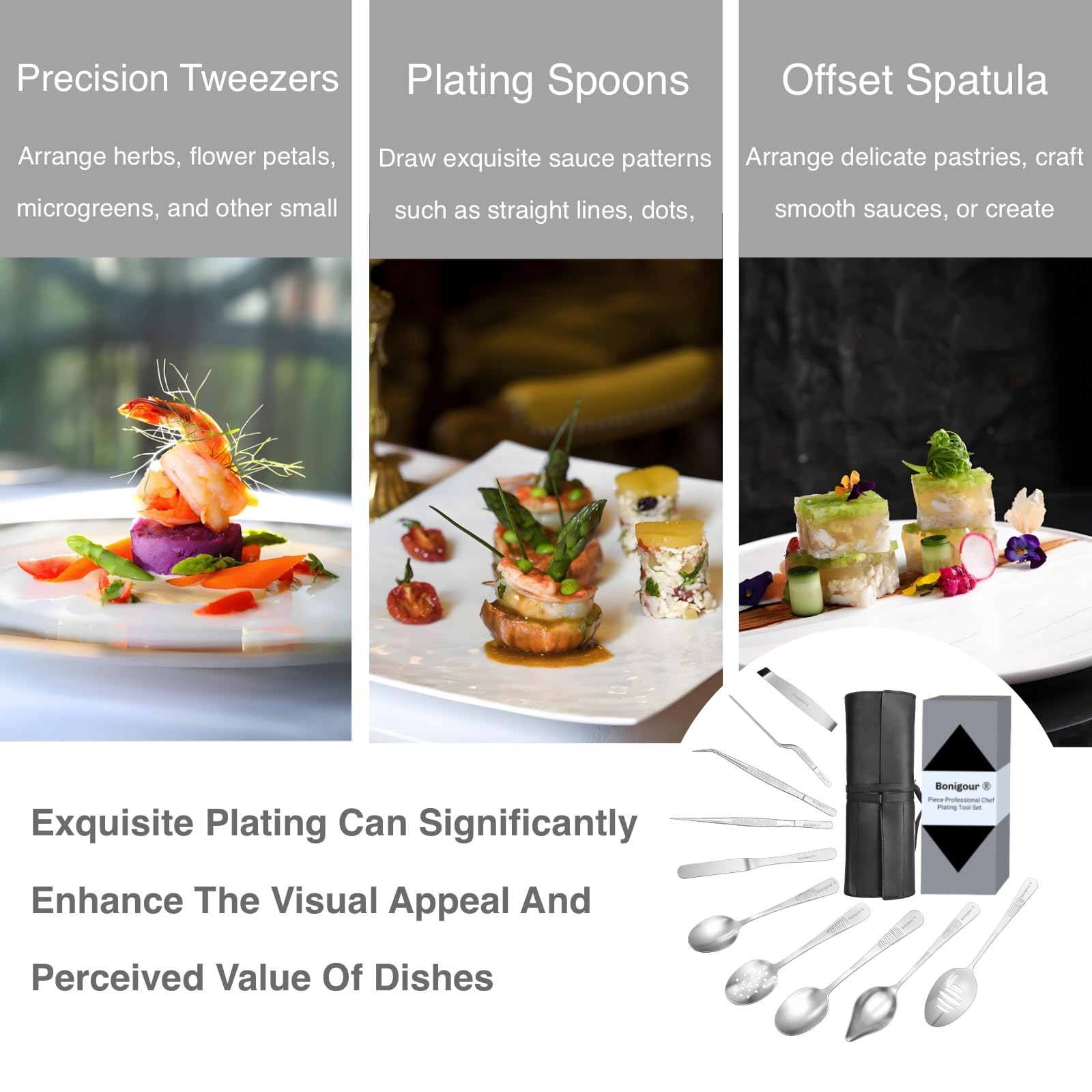 Set da cucina con 11 utensili professionali per placcatura, utensili da cucina per placcatura, modernista, in acciaio inox, nero (argento)