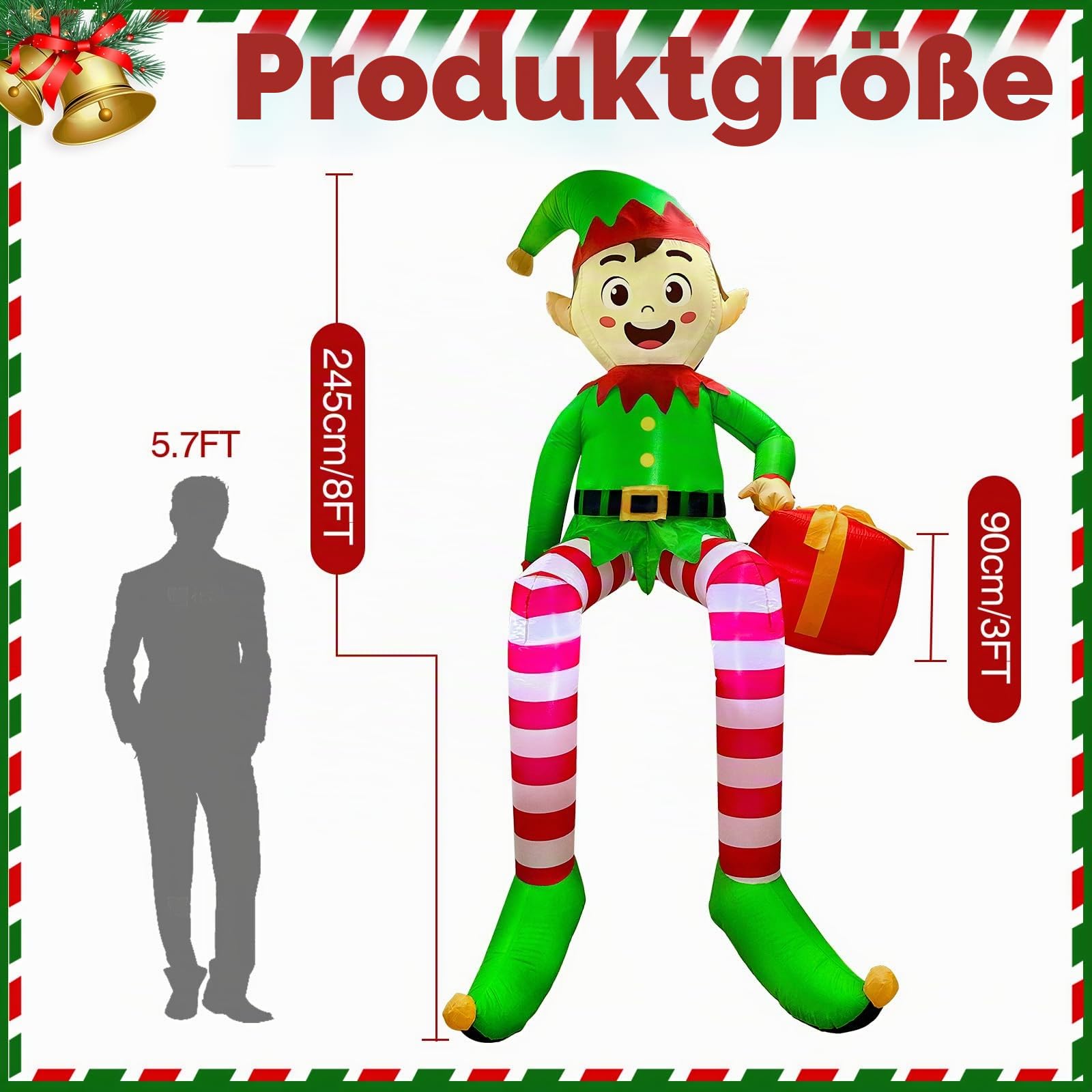 240 cm Aufblasbare Weihnachtsdeko Aussen, Sitzender Elf Aufblasbare Weihnachtsdeko Außen mit Geschenkbox & LED Beleuchtung, Weihnachten Deko Draußen Outdoor für Garten, Balkon, Draußen