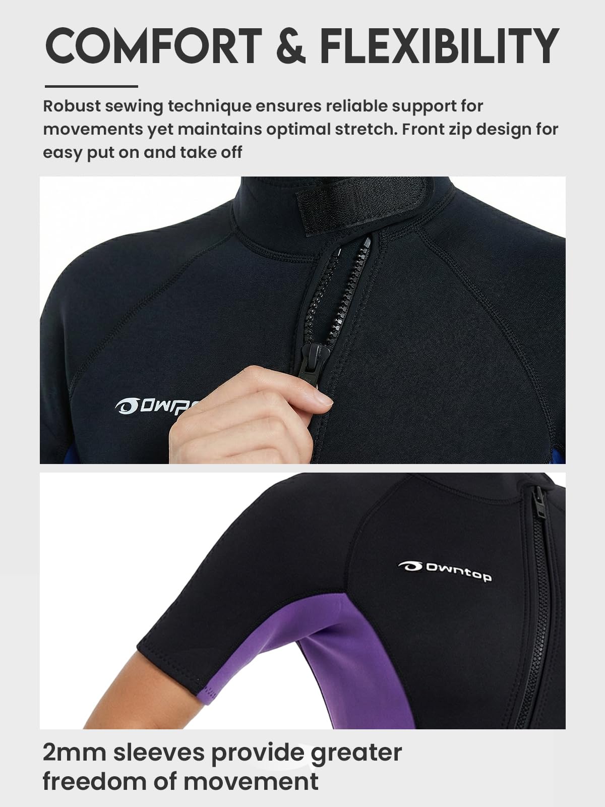 Owntop Muta da donna Shorty 3 mm - Neoprene Shorty con cerniera frontale, a maniche corte per surf, nuoto, immersioni e triathlon - 5