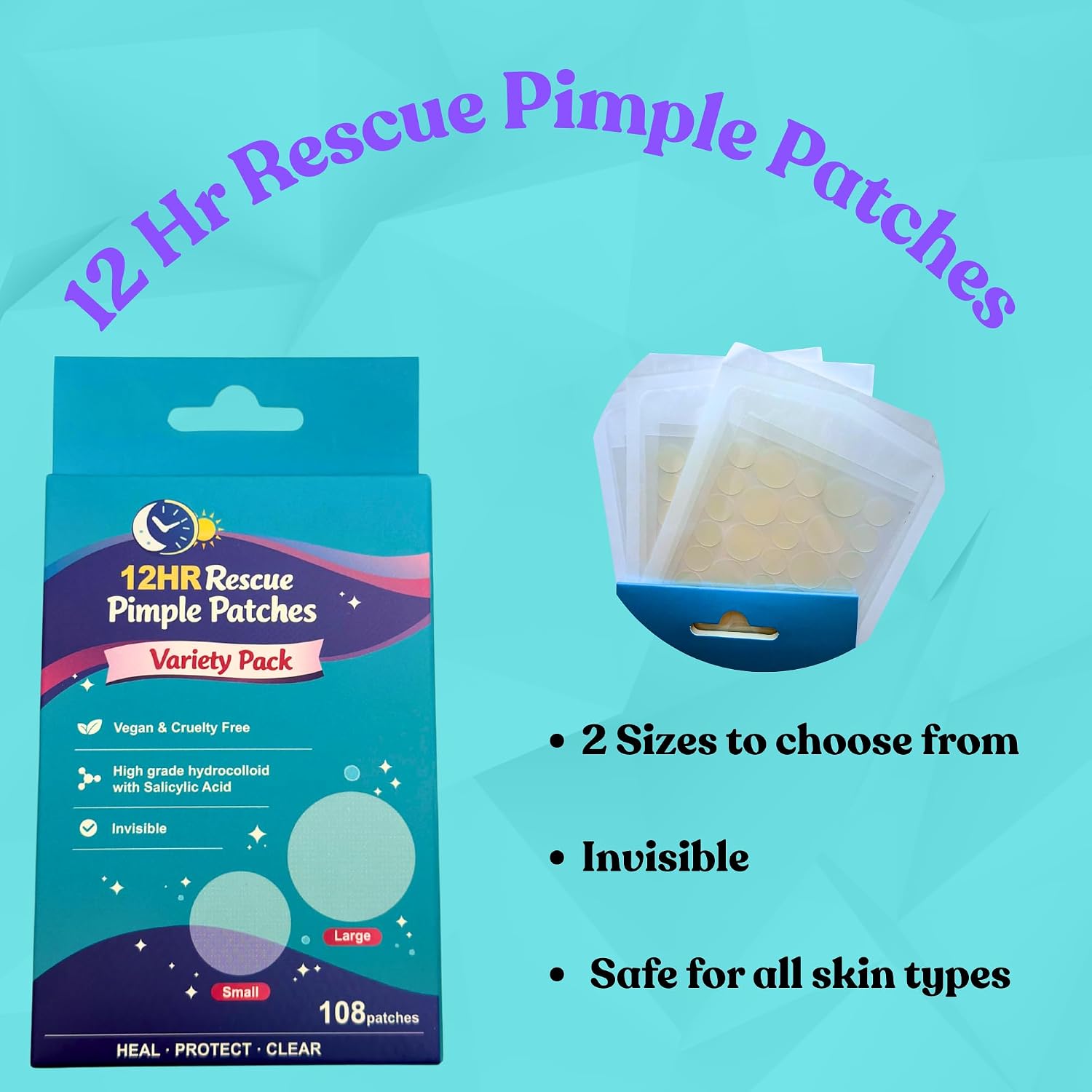 12HR Rescue Pimple Patch Variety Pack - Hydrocolloid Acne Spot Treatment - Invisible Dots for Overnight Blemish Care, 108 count