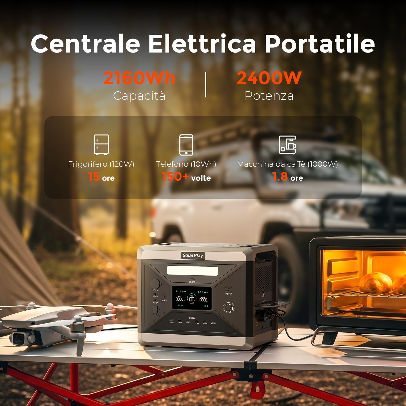 SolarPlay Q2501 Centrale Elettrica Portatile, Uscita CA 2400 W (Picco 4800 W), Batteria di Backup LiFePO4 da 2160 Wh, Presa CA, CC, ad Energia Solare, Adatta per Camper e Viaggi All'aperto