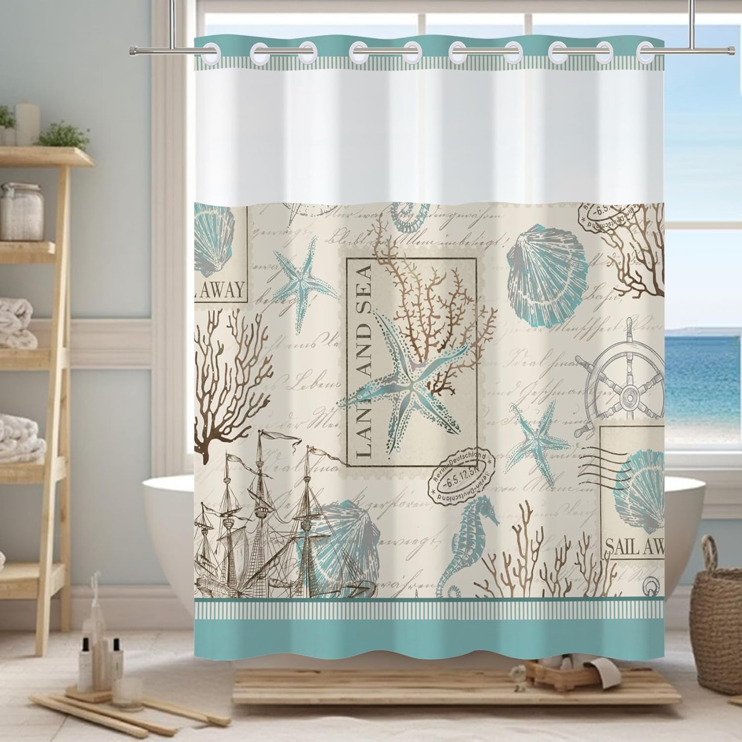 No Hook Shower Curtain,Nautical Double-Layered Shower Curtain with Snap-in Liner and Weights,Teal Blue Vintage Ocean Sea Theme Fabric Bath Curtain with See Through Mesh, 71x74in