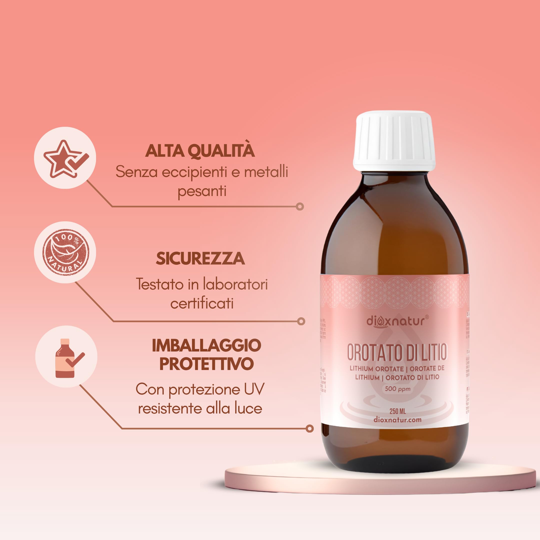 Orotato di litio liquido 250 ml - 0,5 mg/ml - 500 ppm - Purezza 99% - Pipetta inclusa