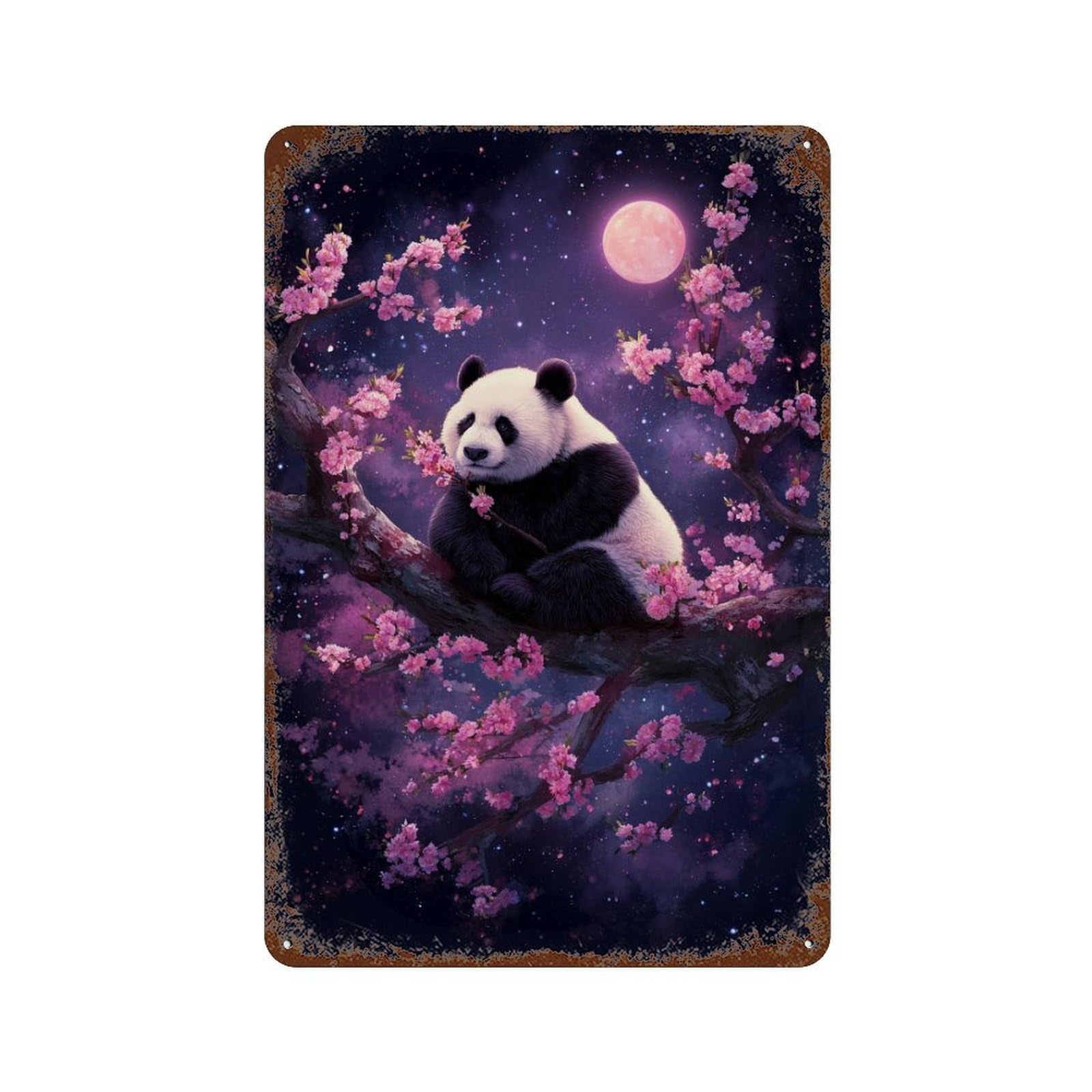 Rust Effect Panda Moonlit Blossom Distressed Metal Wall Sign 11.8"x7.9", Shabby Chic Decor for Pub, Kitchen And Man Cave Decor