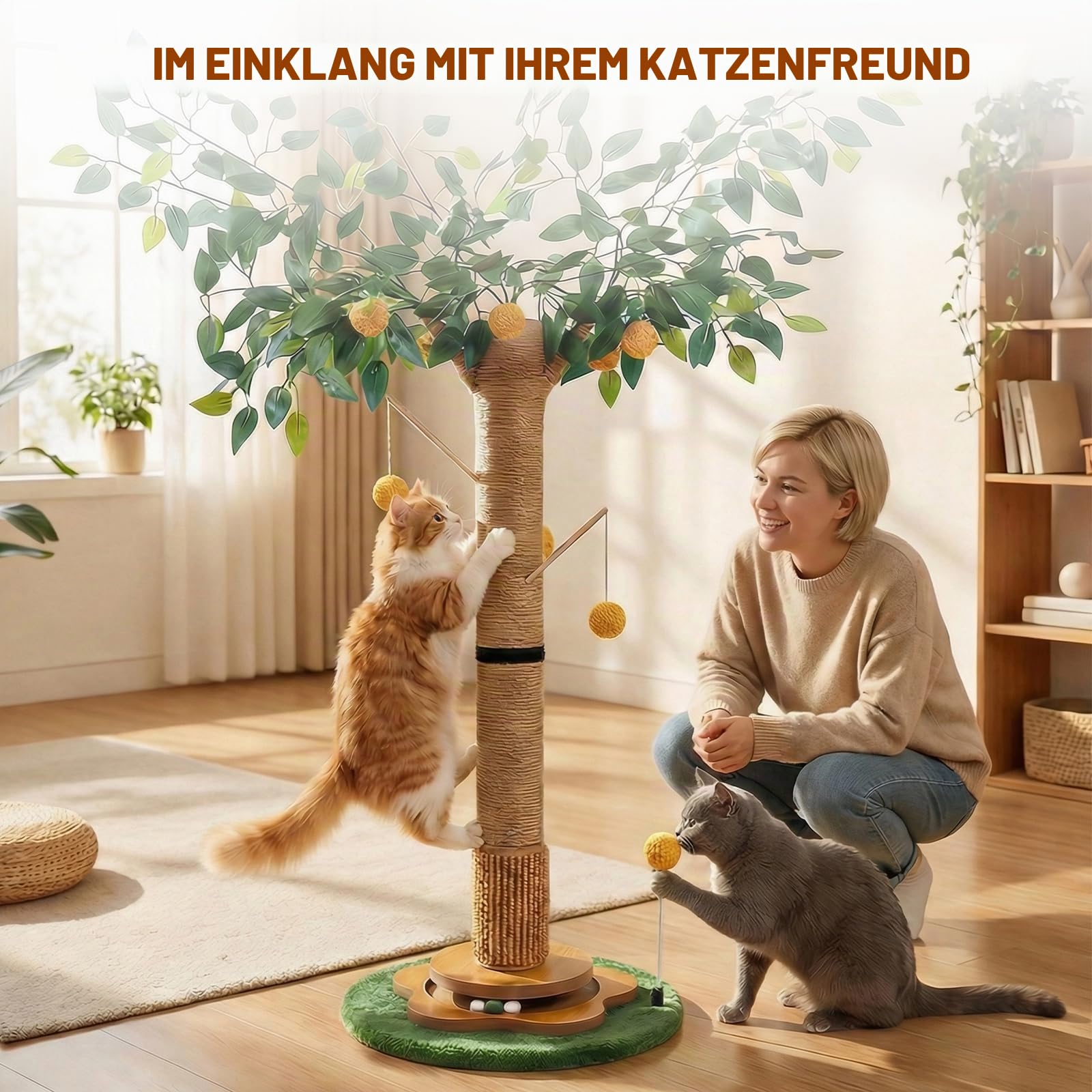Kratzbaum für Katzen Kratzstamm mit Premium-Sisalseil Kratzsäul interaktiven baumelnden Bällen Spielzeug für Indoor Katzenkratzbaum Kätzchen und Katzen