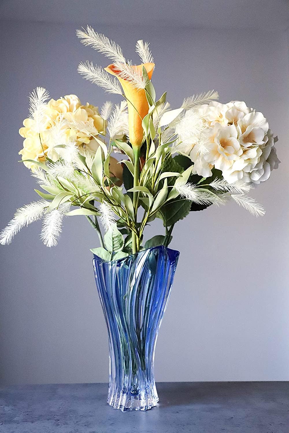 Czech Bohemian Crystal Glass Vase 12''-Height Blue Vintage European Design ''Plantica'' Elegant Centerpiece Flower Vase Home Decor Birthday Wedding Housewarming Anniversary
