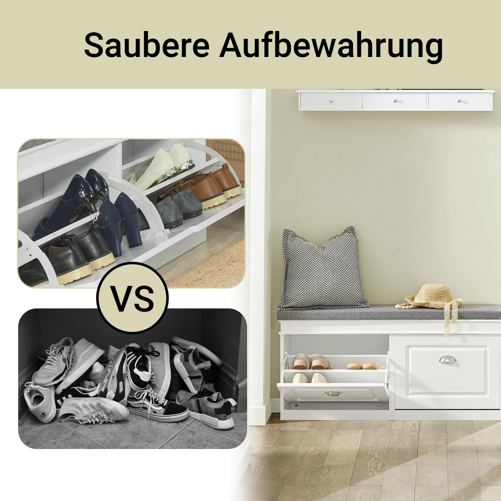 SoBuy Schuhbank mit Sitzfläche Sitzbank mit Stauraum und 2 Klappen, schmaler Schuhschrank mit Sitzbank & Schuhregal platzsparend, Schuhablage für Flur & kleine Räume, 104x52x24cm, Weiß, FSR64-W
