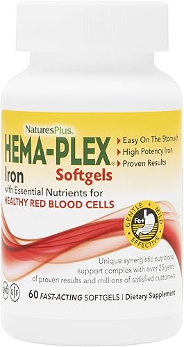 NaturesPlus Hema-Plex Iron - 60 cápsulas blandas de acción rápida - 85 mg de hierro + vitamina C y bioflavonoides para glóbulos rojos saludables -