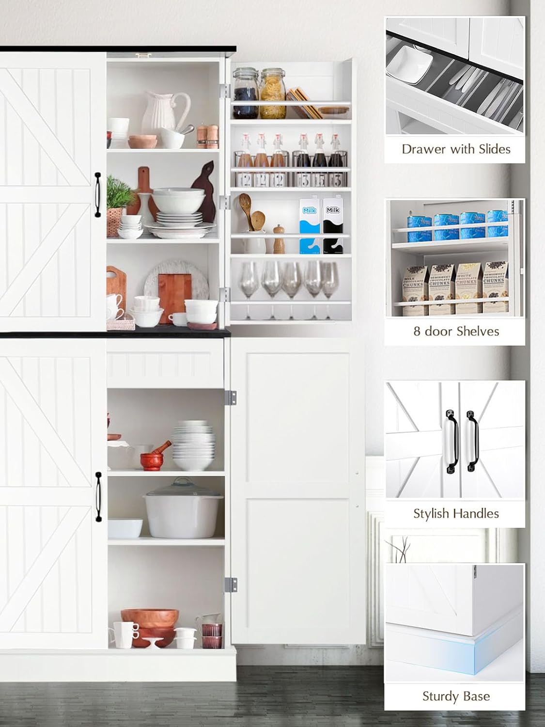 72" Tall Storage Cabinet, White Farmhouse Pantry Cabinet, 31.5" Wide Freestanding Storage Cabinet with 4 Adjustable Shelves, Hidden Drawer & Rustic Wood Finish for Kitchen, Dining Room, or Entryway