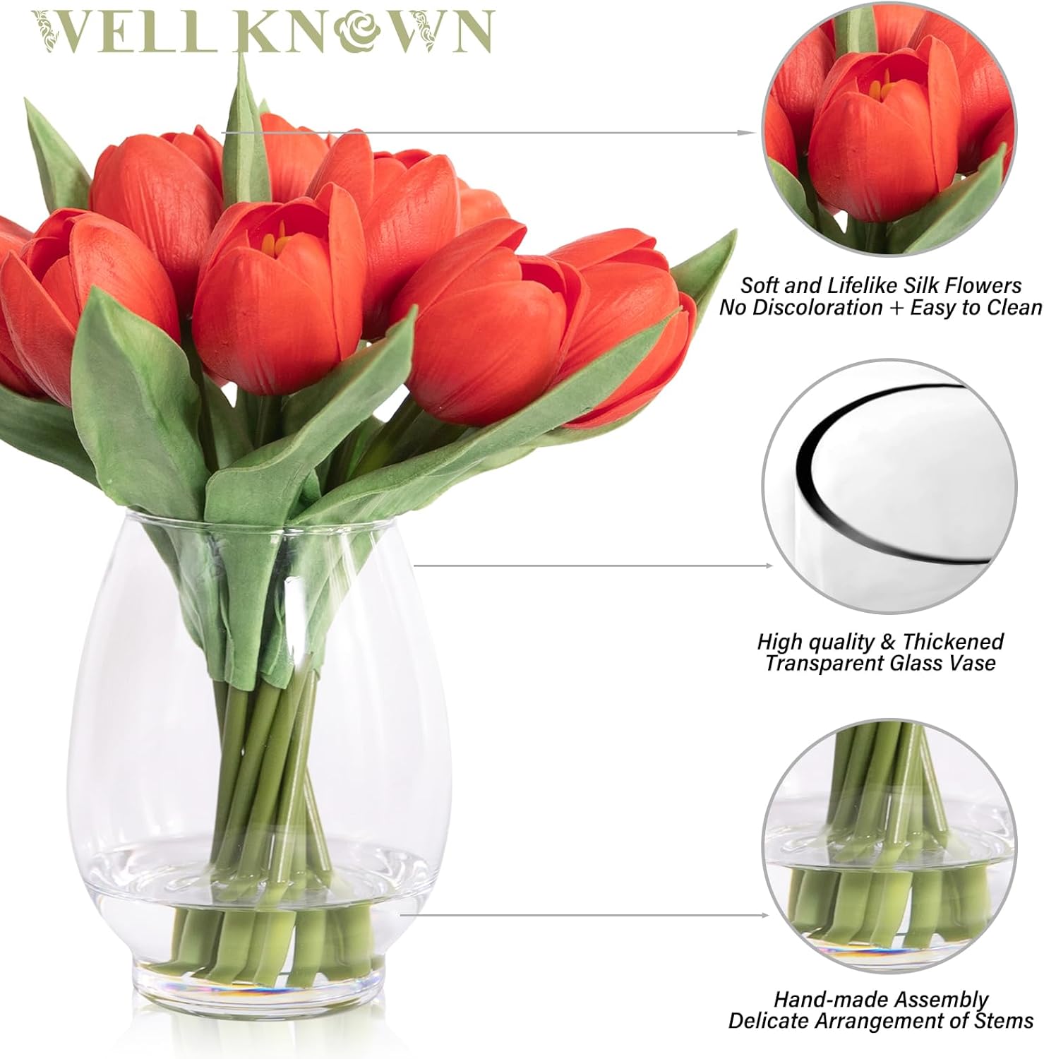 WELL KNOWN 12 Pcs Fake Red Tulips Artificial Flowers in Vase with Faux Water, Real Touch Foam Tulips Arrangements with Vase for Home Office Decor, Dining Table Wedding Centerpiece (Coral Red) - Image 2
