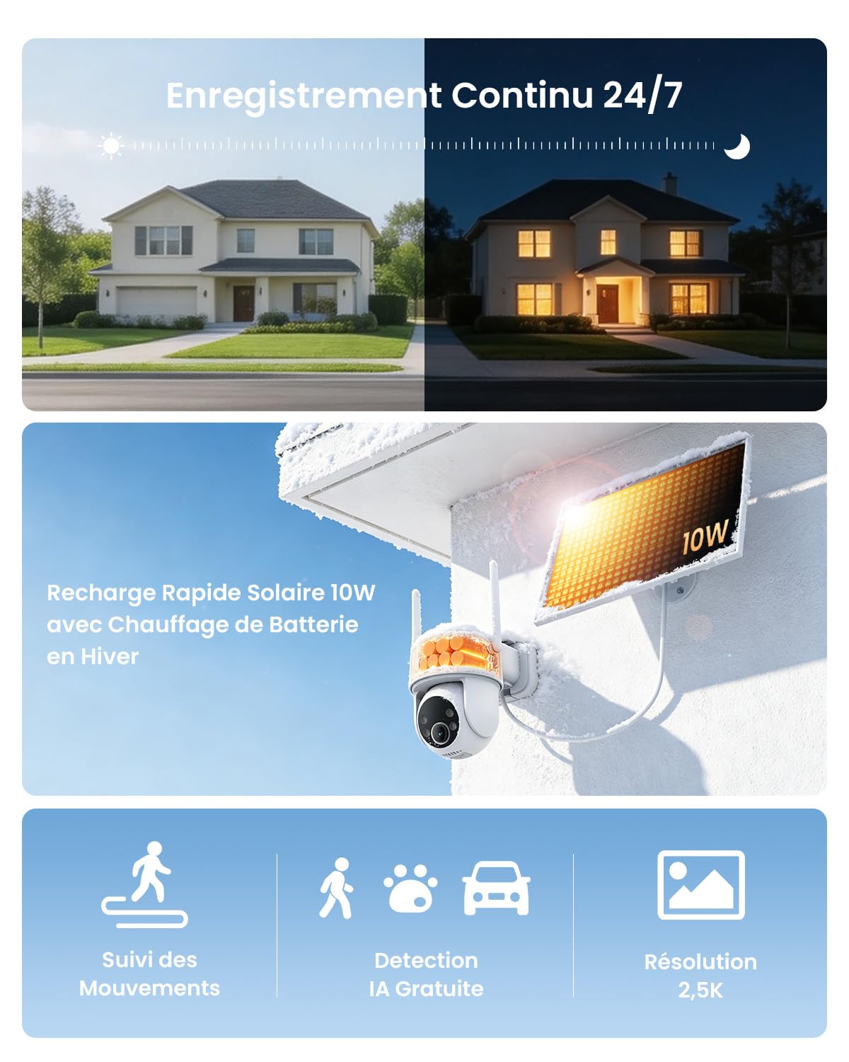 CZEview 10W Caméra Surveillance WiFi Extérieure Solaire sans Fil, AOV | Enregistrement vidéo continu, Suivi de mouvement, détection 30m, vision nocturne, étanche, Détection gratuite par IA