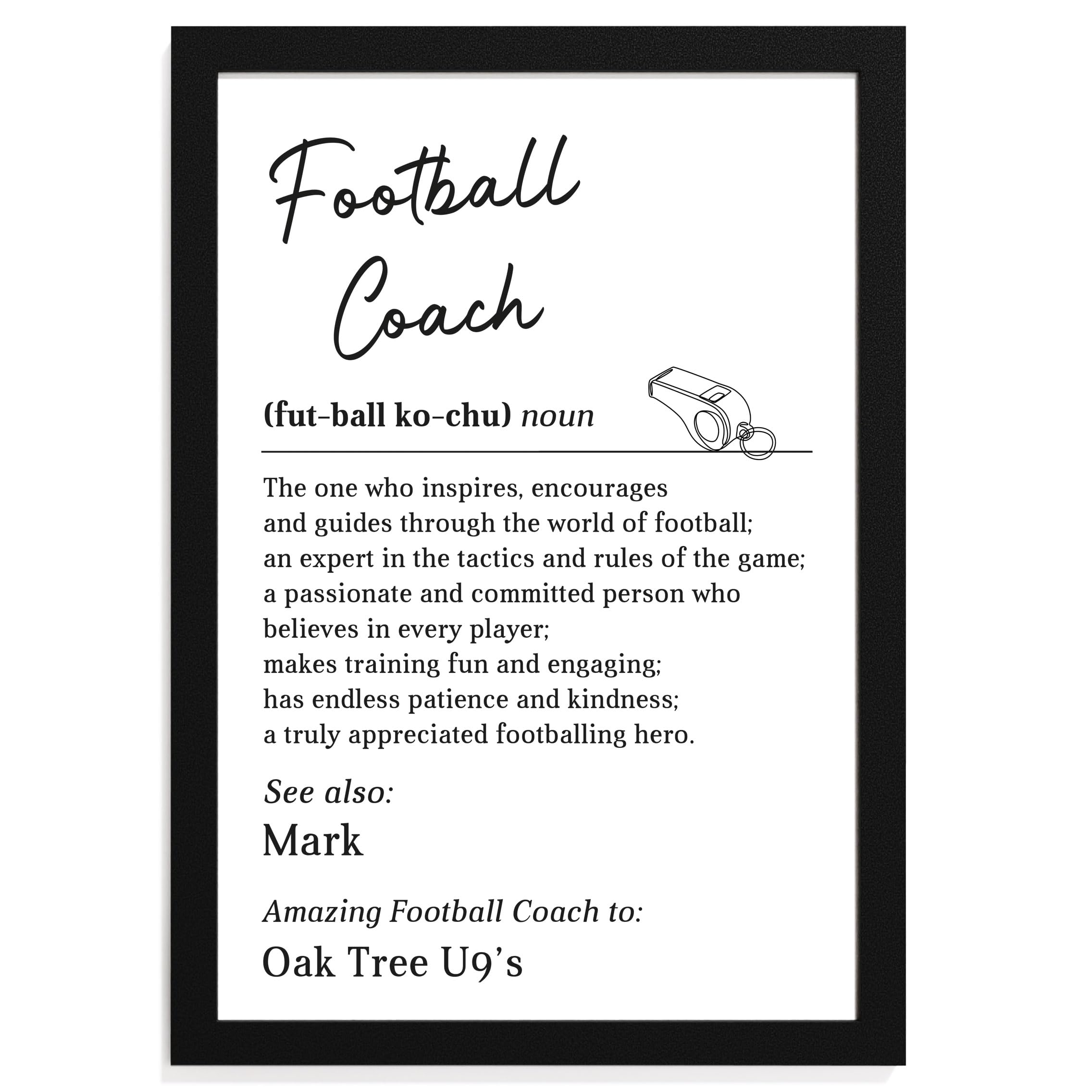 Beecreative Personalised Football Coach Gifts - Custom A5 A4 Print And Wooden Frame - End Of Season Gifts For Football Coaches