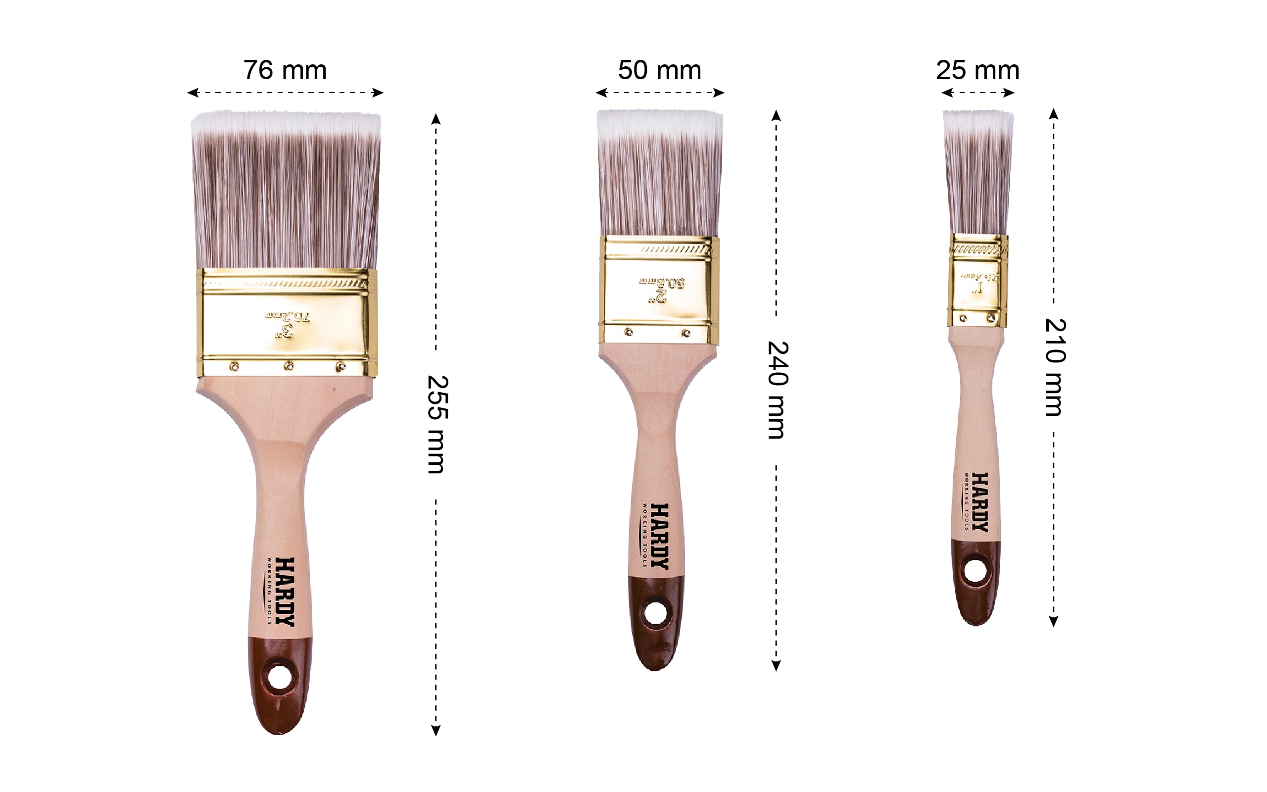 HARDY WORKING TOOLS Zestaw płaskich pędzli 18-częściowy, 6 sztuk – 25, 50, 75 mm szerokości, zestaw pędzli malarskich z drewnianym uchwytem, zestaw pędzli do lakieru, seria 45*, 18 szt., A0282-030500