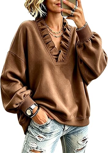 Ruffle V Neck Sweatshirt for Women Puff Long Sleeve Oversize