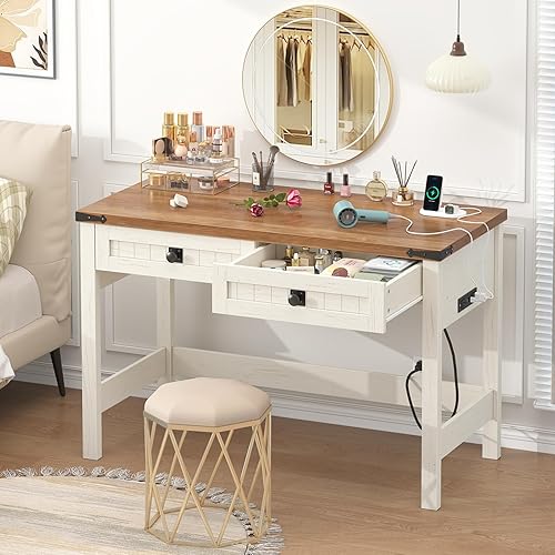 Miniatura 7 de Escritorio de computadora de estilo granja con 2 cajones, escritorio pequeño de oficina de 39 pulgadas con enchufes de energía, escritorio compacto