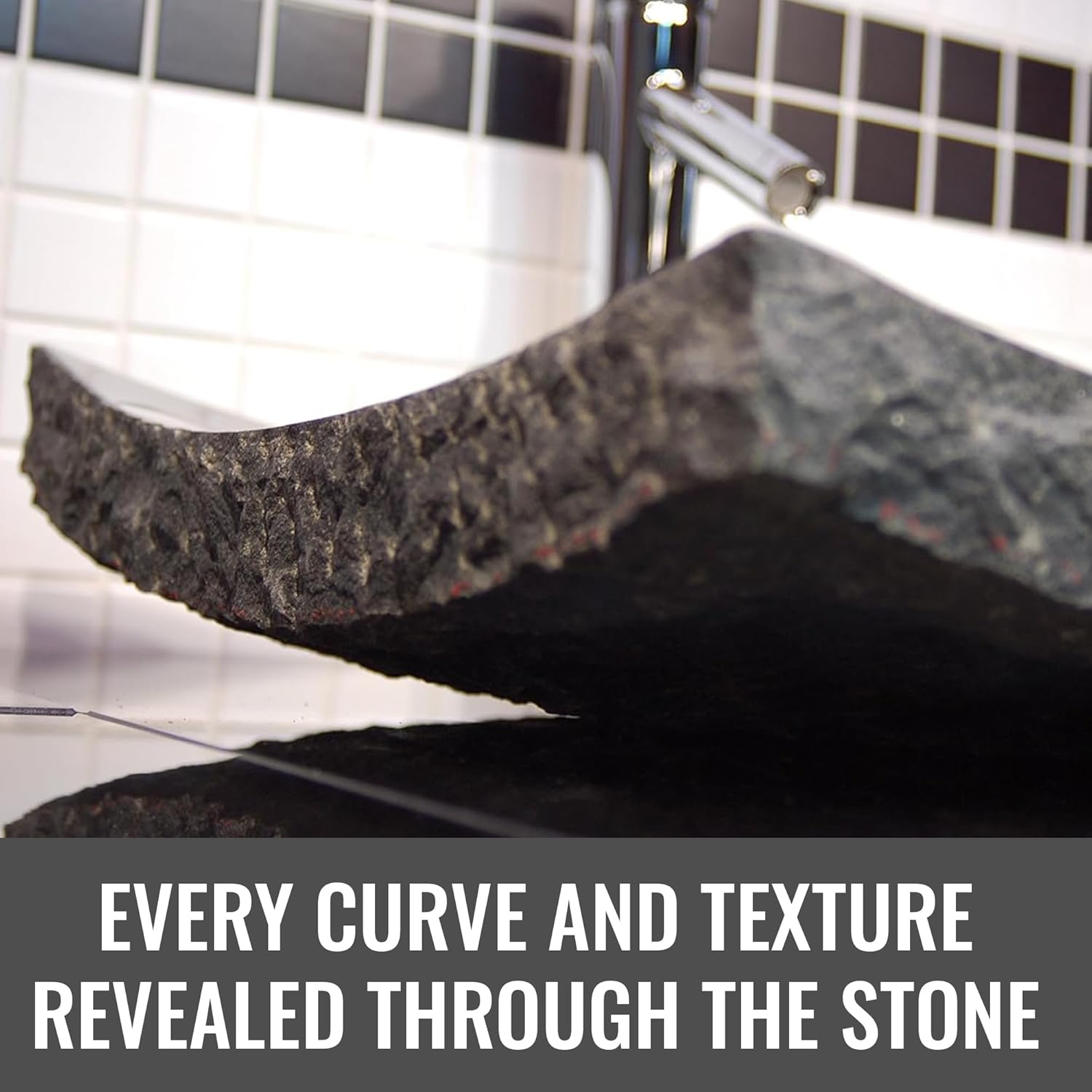 Eden Bath Black Granite Large Zen Vessel Sink – Polished Stone Basin with Chiseled Exterior