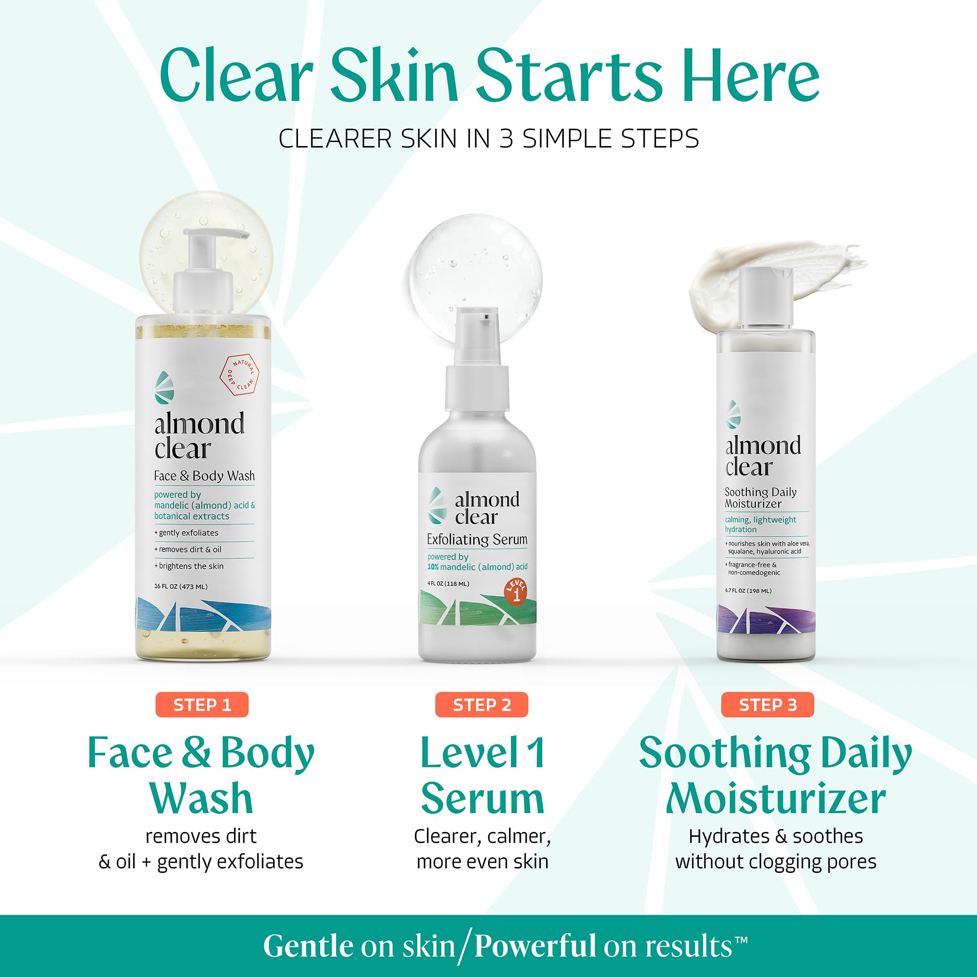 Almond Clear Suero de limpieza facial y corporal, nivel 1 para el acné, foliculitis, envejecimiento de la piel, pelos encarnados, manchas oscuras - 1 fl oz