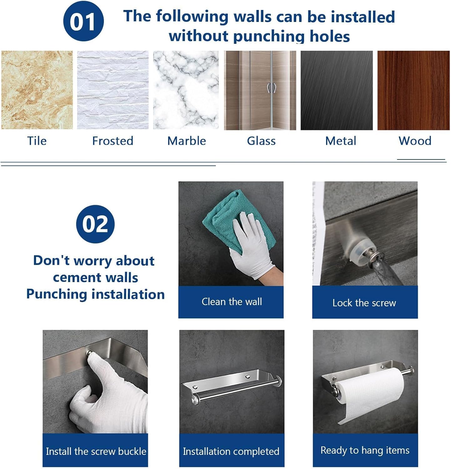 2PCS Brushed Silver Stainless Steel Paper Towel Rack Wall Mount Self Adhesive or Screw Mounting Under Cabinet Toilet Paper Roll Holder for Home Kitchen Bathroom Camper Wall