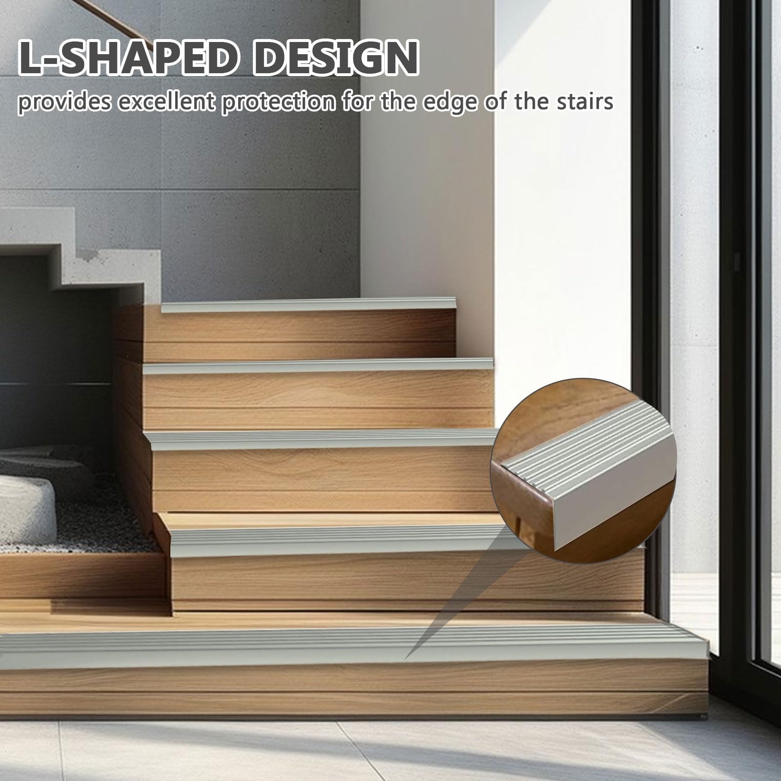 Perfil de borde de escalera autoadhesivo, 500x9.5cm de PVC, perfil de protección para escaleras, antideslizante, impermeable, en forma de L, para exteriores e interiores