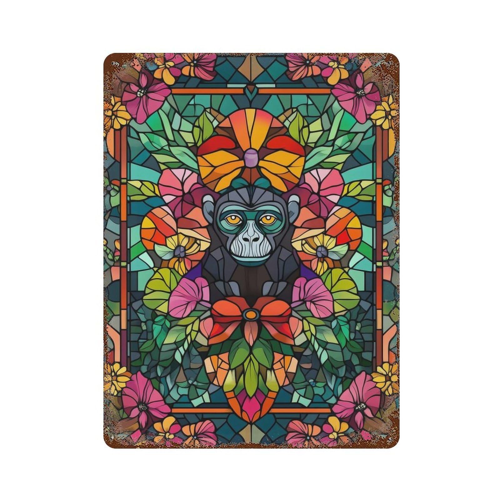 Stained Glass Monkey Retro Metal Sign 15.7"x11.8", Vintage Wall Decor for Garage, Pub Or Kitchen