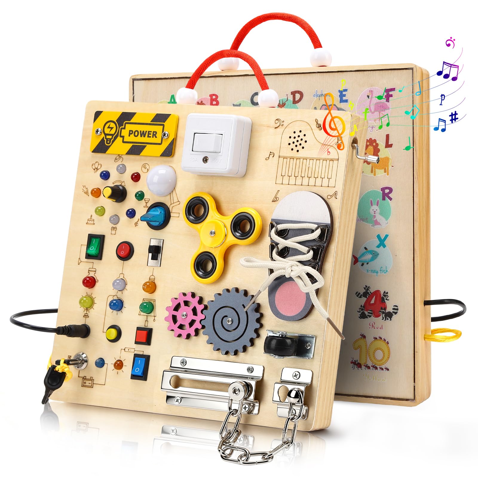 Montessori Busy Board Activity Board ab 1 Jahr,Lernspielzeug Motorikspielzeug Sensorik Spielzeug Holzspielzeug,Leuchten Sensory Learning Spielzeug mit Musikwerk & Farbmischfunktion
