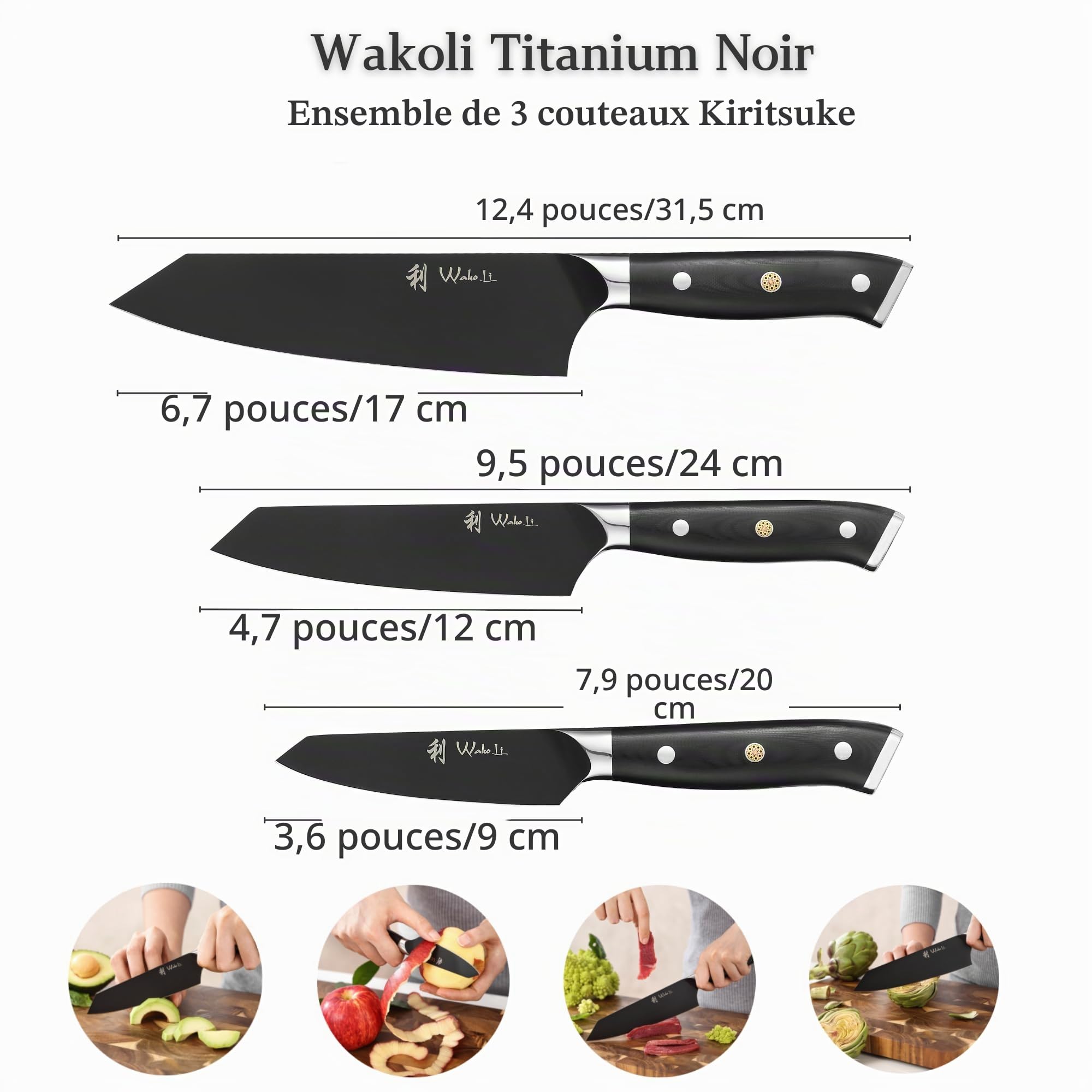 WAKOLI Titanium Noir Set de 3 Couteaux de Cuisine, Manches G10 Full-Tang