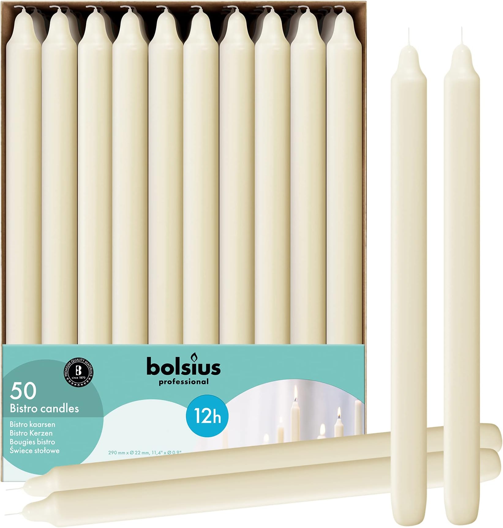 Ivory Candlesticks Bulk Pack 50 Count - Unscented Dripless 11.5 Inch Household & Dinner Candle Set - 12+ Hours - Premium European Quality - Consistent Smokeless Flame - 100% Cotton Wick