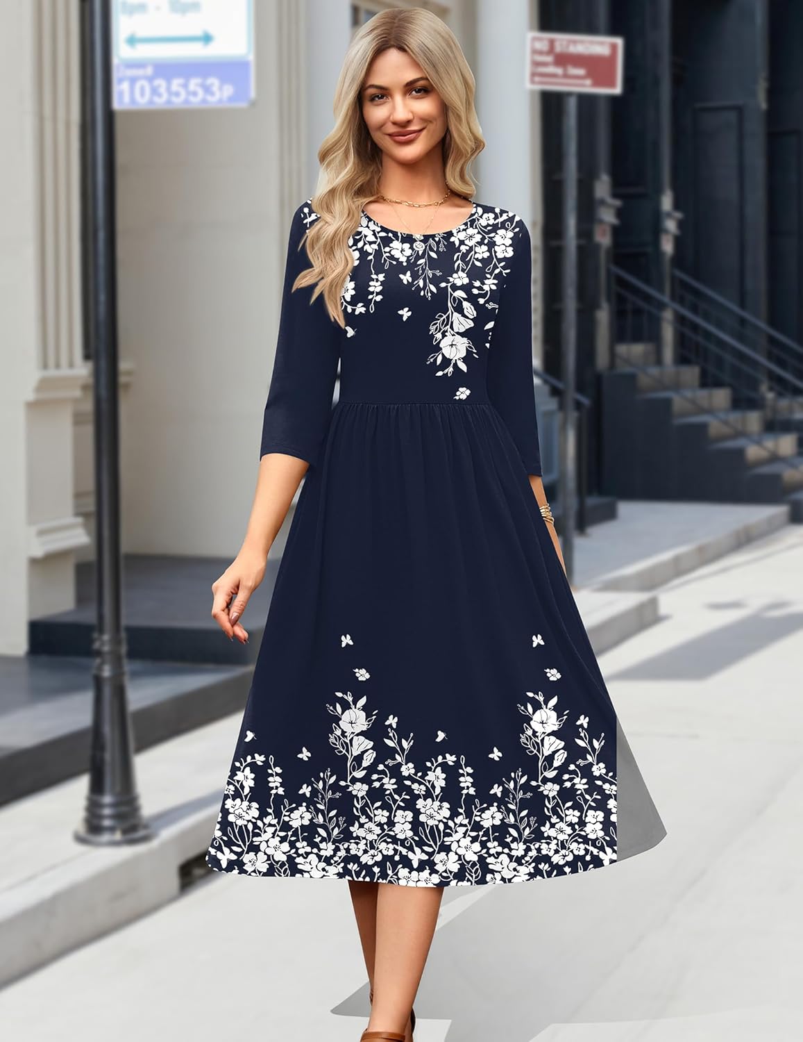 Zeagoo 3/4 Sleeve Women's Dress Casual Flowy A-Line Midi Tshirt Dresses with Pockets Crewneck Vocation Boho Beach Sundress - Image 6
