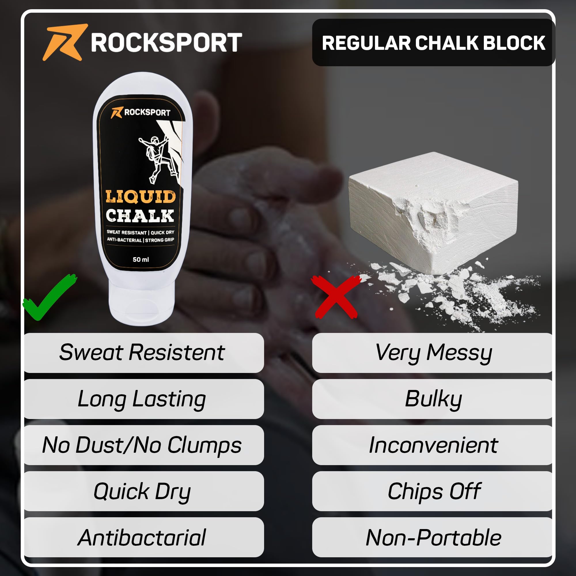 Rocksport Liquid Chalk for Gym, Weightlifting & Climbing – Quick Drying Lifting Chalk | Gym Powder for Grip | Non-Messy Chalk for Gym, Fitness, Crossfit & Calisthenics | 50 ml, Pack of 2 3