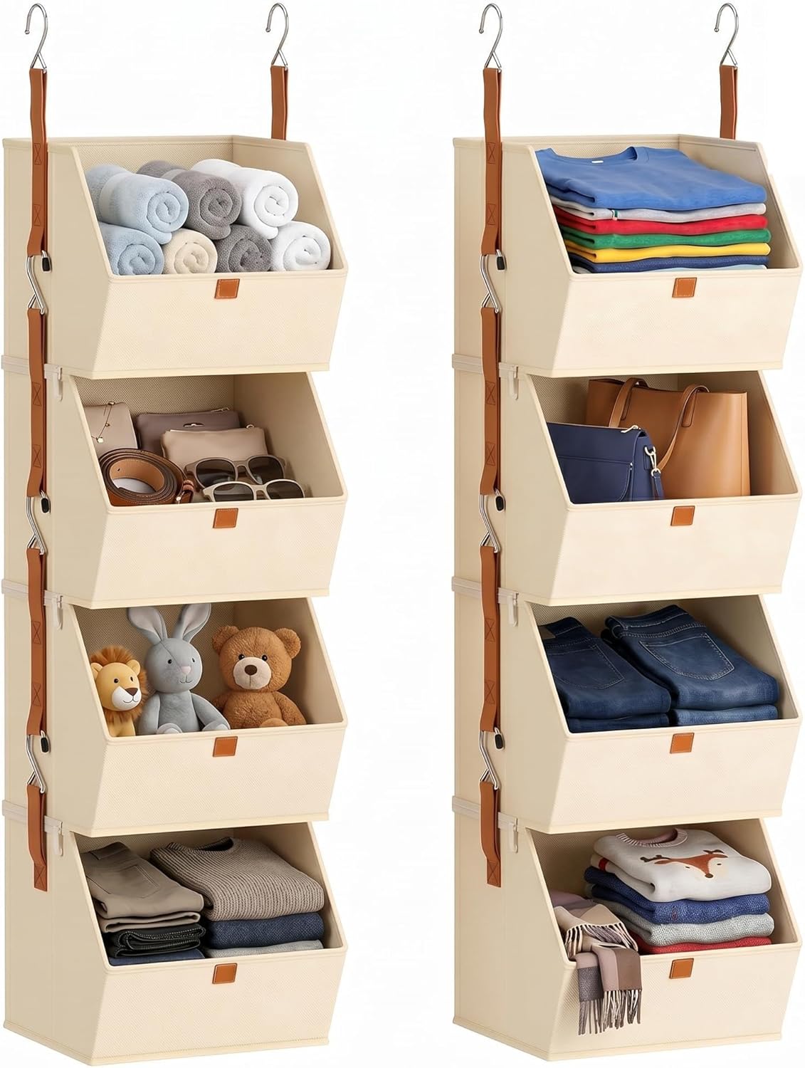 8-Tier Beige Hanging Closet Organizer 2 Pack Set-Heavy Duty Family Size Fabric Storage Shelves with See-Through Panels-Multi-Room Clothes Sweater Organizer for Bedroom Dorm RV-Space Saving