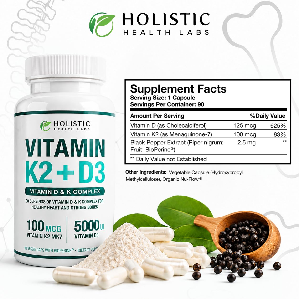 Max Absorption Vitamin K2 + D3 (5000IU) 90 Veggie Capsules From MK-7 (Menaquinone-7) and Cholecalciferol (With BioPerine) 3-Months Supply – D3 with K2 For Healthy Heart and Strong Bones | Non-GMO — Amazon image 7