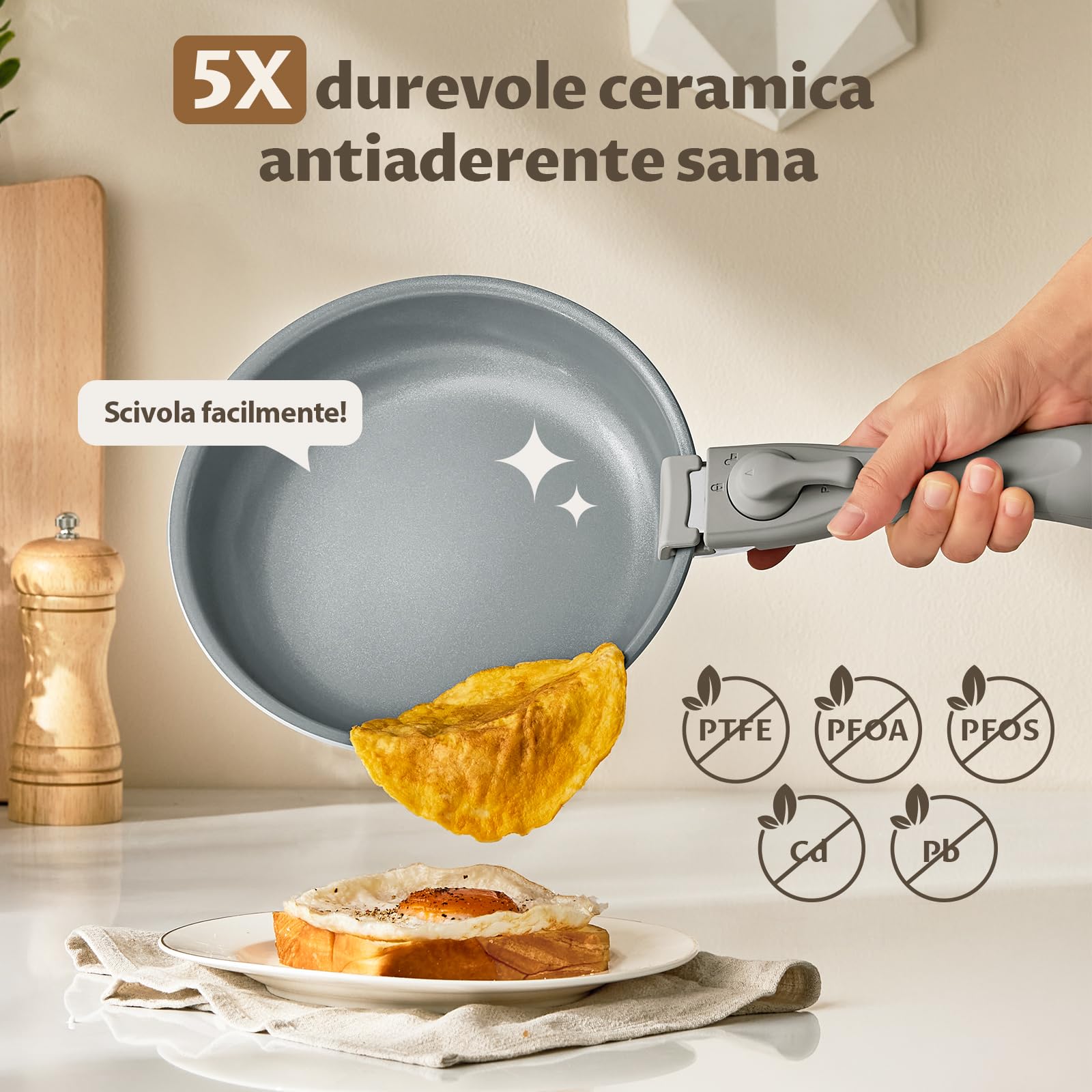 BLAZANT Padelle Antiaderenti Induzione Set con Manico Rimovibile, Padella Ceramica PFAS-free per Piccole Cucine, Camper e Famiglie, Risparmia Spazio, Adatte a Forno, 7 Pezzi 20/24/28 cm