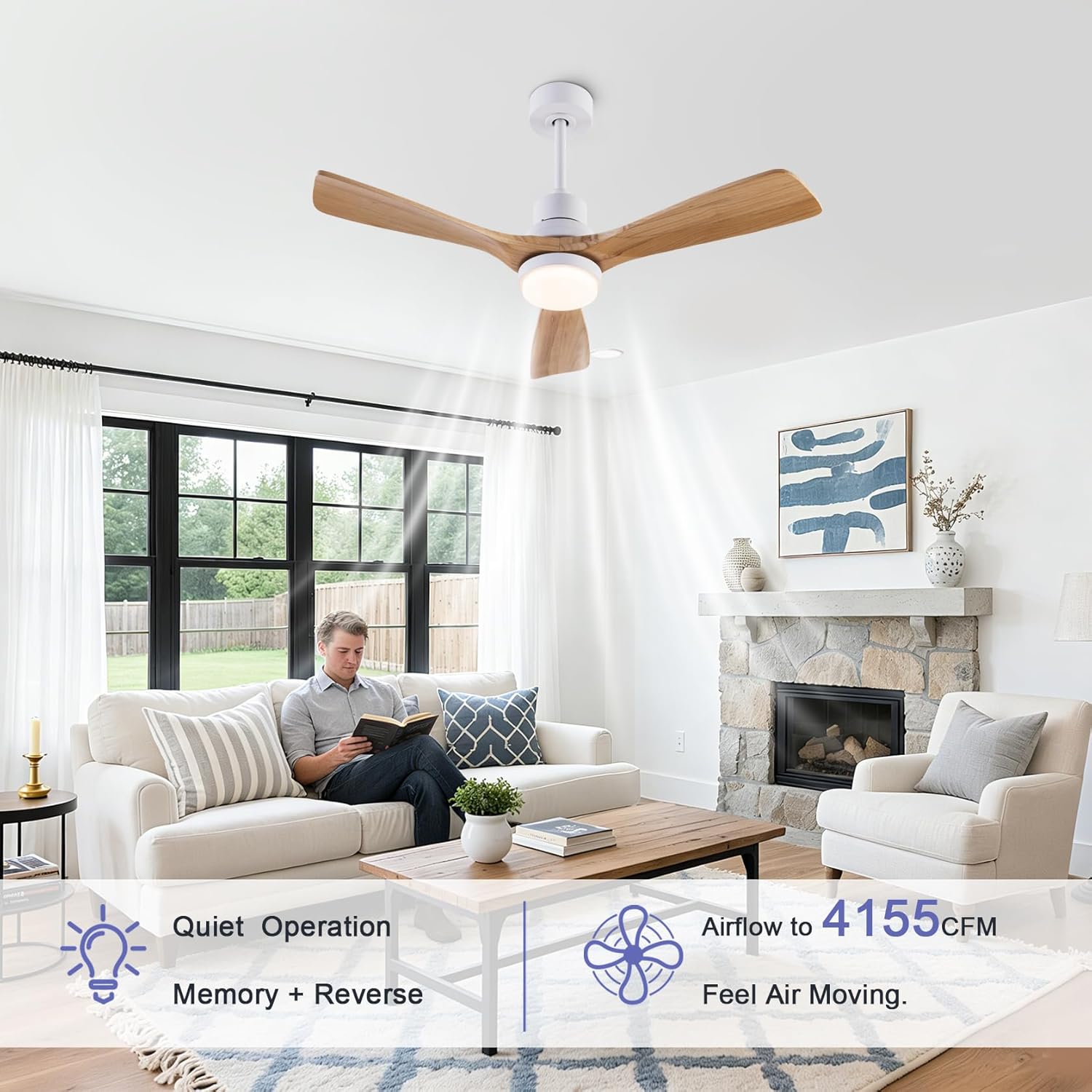 42" Ceiling Fans [with Lighting Remote Control], Indoor Outdoor Modern Wooden Ceiling Fan [with 3 Solid Wood Blades] for Kids' Rooms, bedrooms, Offices and More.…