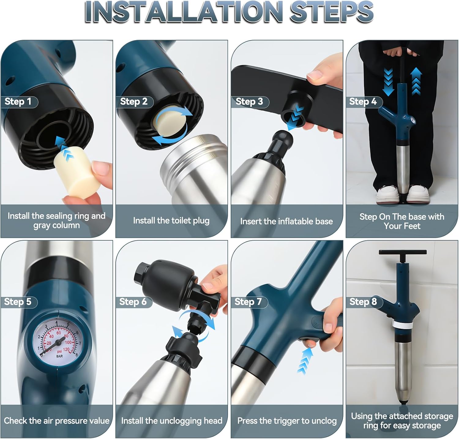 Toilet Plunger, High Pressure Drain Unclogger Plungers with Pressure Gauge, toilet auger Air Drain Blaster, Versatile Heavy Duty Clog Remover for Bathroom, Kitchen, Floor Drain