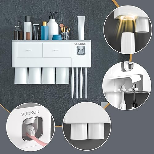 Miniatura 2 de VUNKQU Toothbrush Holder Wall Mounted, 4 Cups Toothbrush Holders with Toothpaste Dispenser Toothbrush Holder for Bathroom Automatic Tooth Pastetooth