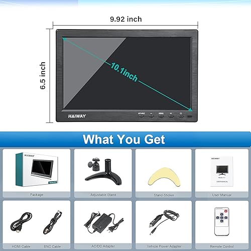 Miniatura 6 de Monitor de seguridad de 10.1 pulgadas, resolución de 1024 x 600, pequeño monitor HDMI, monitor portátil con control remoto con altavoces duales