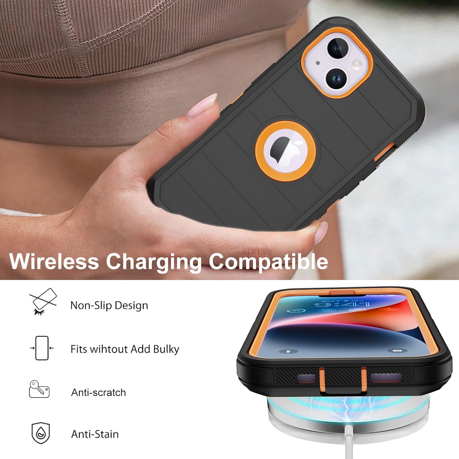 Annymall for iPhone 14 Case with 2 Screen Protector,Full Body Shockproof Drop Protection Dust Proof Heavy Duty 3-Layer Rugged Durable Military Grade Cover for Apple iPhone 14 6.1" (Black/Oranger) - Image 5