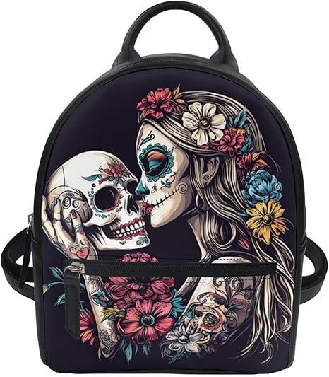 Witch Sugar Skull Backpack Purse for Women Small Goth Backpack for Teen Girls Leather Daypack Travel Rucksack with Adjustable Strap Mini Shoulder Bags for Work