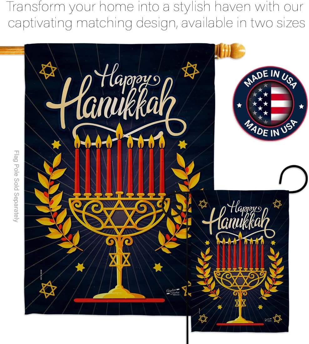 Happy Hanukkah Pack Winter Candle Bonsai Menorah Jewish Chanukah David USA Applique Decoration Banner Small Garden Yard Gift Double-Sided, House Flag 28" x 40", Thick Fabric