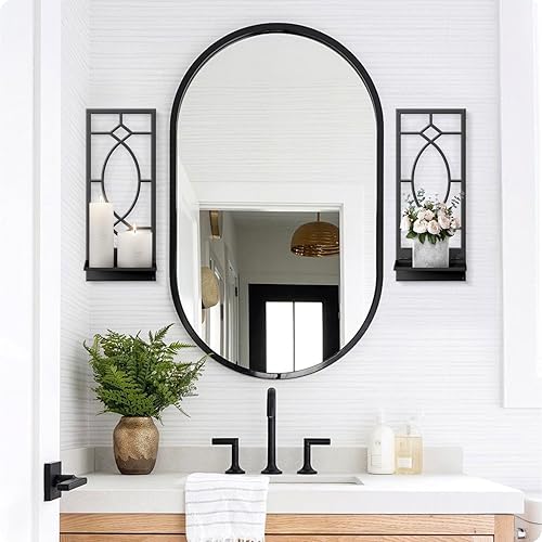 Miniatura 10 de Juego de 2 candelabros de pared, decoración artística de pared de metal negro, portavelas de pared de línea moderna para sala de estar, comedor,