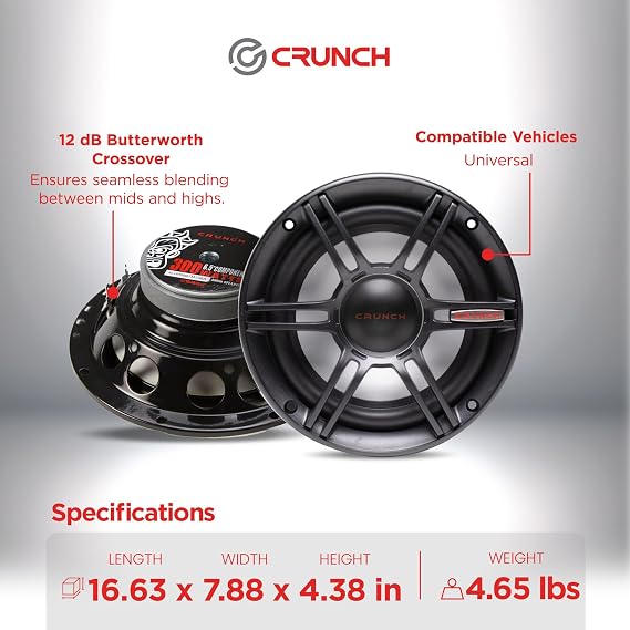 Crunch CS655 2 Pack 6.5 Inch 2 Way Full Range Car Audio Component Speaker Pair, 300W Peak Power with Neo-Mylar Tweeters and Poly Cones
