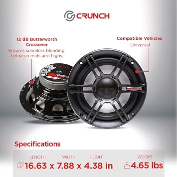 Crunch CS655 2 Pack 6.5 Inch 2 Way Full Range Car Audio Component Speaker Pair, 300W Peak Power with Neo-Mylar Tweeters and Poly Cones
