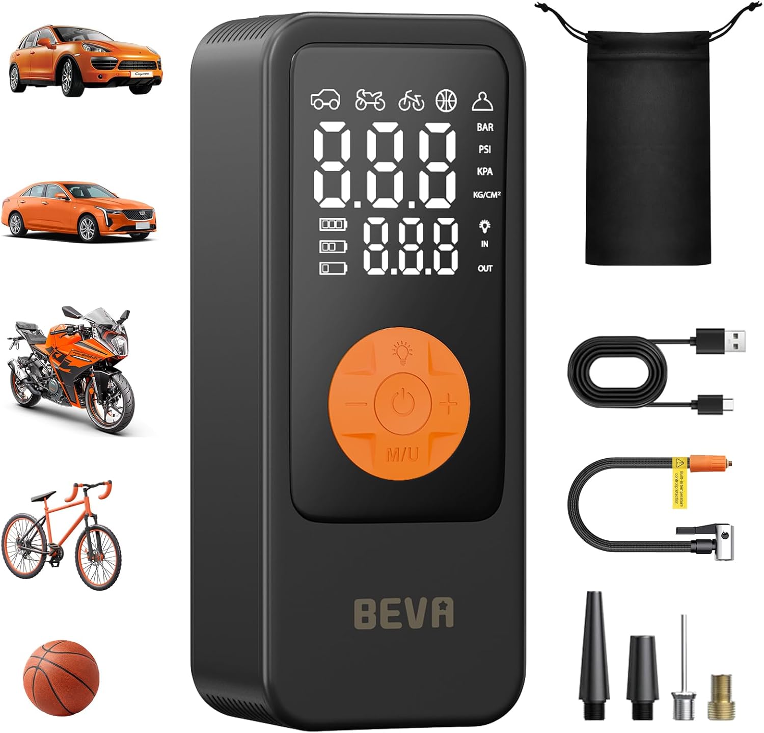 BEVA Tire Inflator Portable Air Compressor, 4X Faster Inflation Air Pump with Digital Pressure Gauge, 150PSI Cordless Tire Inflator with LED Light for Car, Electric Bikes, Motorcycle, Bike, Ball