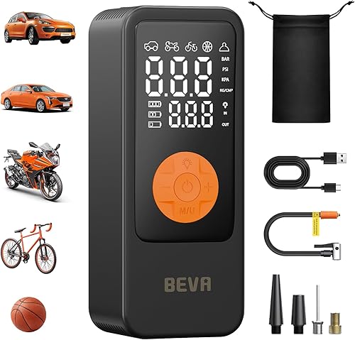 BEVA Inflador de neumáticos, compresor de aire portátil, bomba de aire de inflado 4 veces más rápida con medidor de presión digital, inflador de