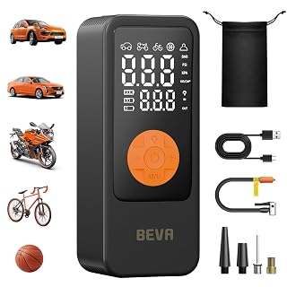 BEVA Tire Inflator Portable Air Compressor, 4X Faster Inflation Air Pump with Digital Pressure Gauge, 150PSI Cordless Tire Inflator with LED Light for Car, Electric Bikes, Motorcycle, Bike, Ball - Amazon product rated Grade A