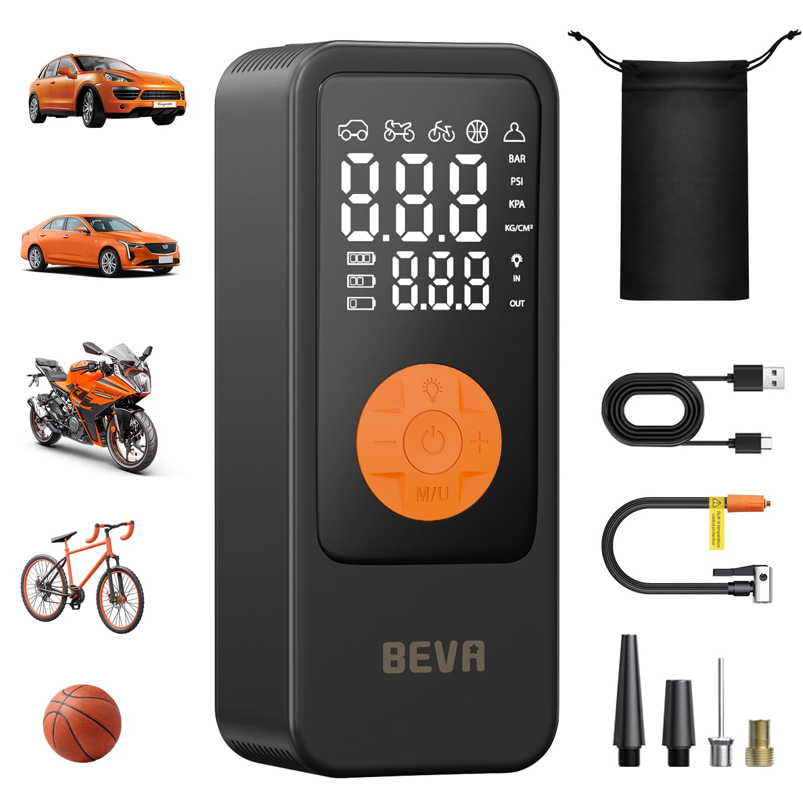 BEVA Tire Inflator Portable Air Compressor, 4X Faster Inflation Air Pump with Digital Pressure Gauge, 150PSI Cordless Tire Inflator with LED Light for Car, Electric Bikes, Motorcycle, Bike, Ball