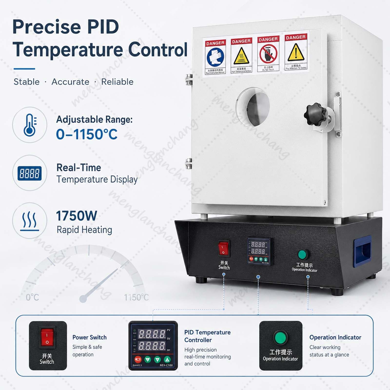 Elektrischer Muffelofen 1750W 1150°C, Brennofen mit PID Regelung und Sichtfenster, für Keramik, Emaille, Schmuckguss, Wachsverlust, Gussformen, Metall, Hobbytöpfer, Labor und Werkstatt
