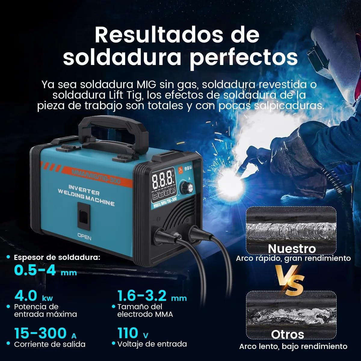 Welding results comparison showing perfect welds with fast arc and high performance versus slow arc and low performance.