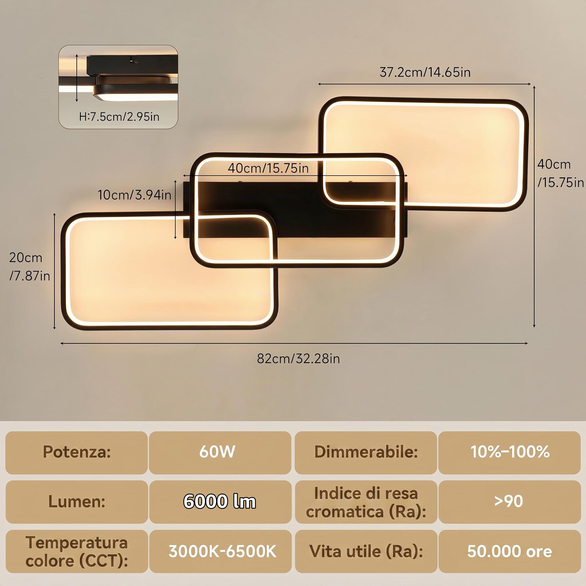 OTREN Plafoniera LED Soffitto Dimmerabile 60W 82 cm con Telecomando | Lampadario Moderno 3000-6500K con Memoria, Luce Notturna e Timer per Soggiorno, Camera da Letto, Cucina
